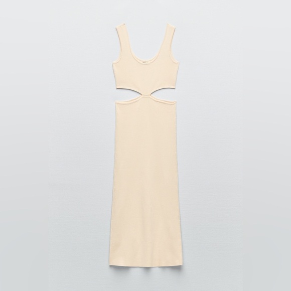Zara dress midi fitted cream tan ribbed knit cut out midi - Picture 6 of 8